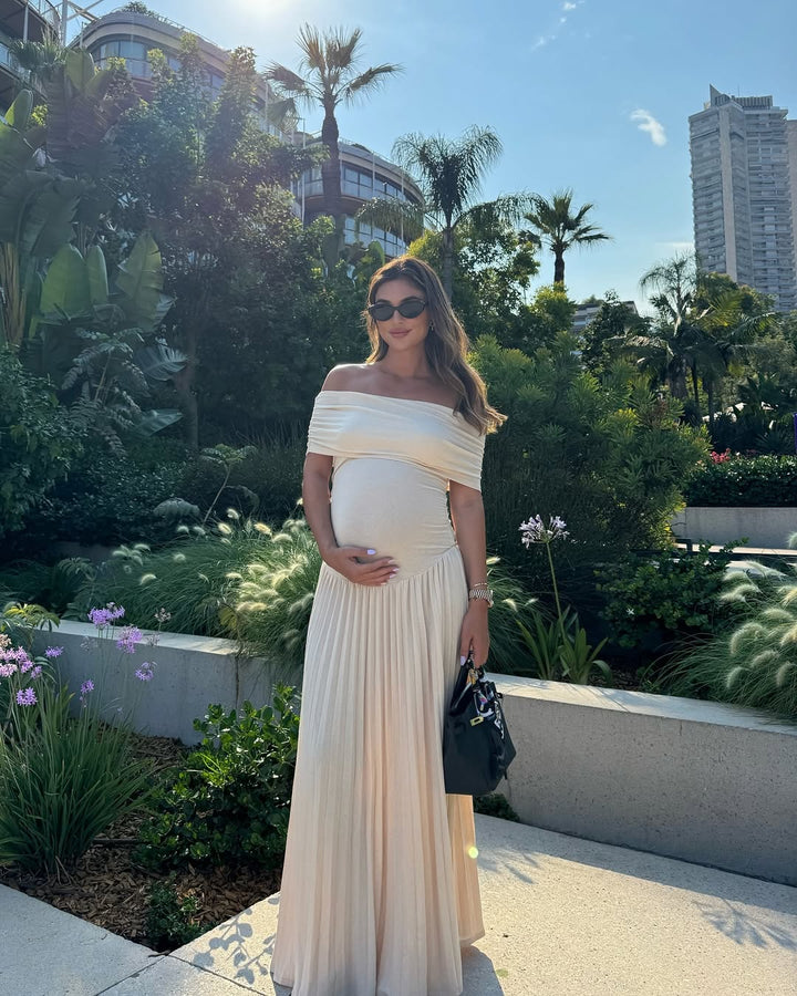 NOUVEAU RICHE Schwangere Off Shoulder Plissiertes Maxikleid Elegant Sommer Beige