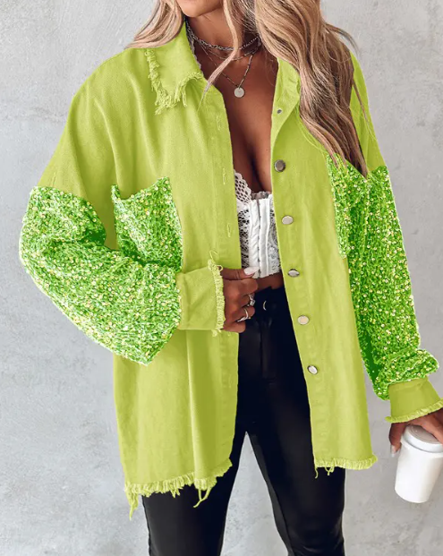 Leanne – Sequin-Sleeve Shacket with Raw Hem
