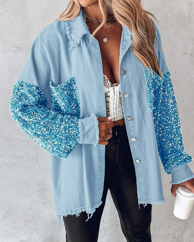 Leanne – Sequin-Sleeve Shacket with Raw Hem