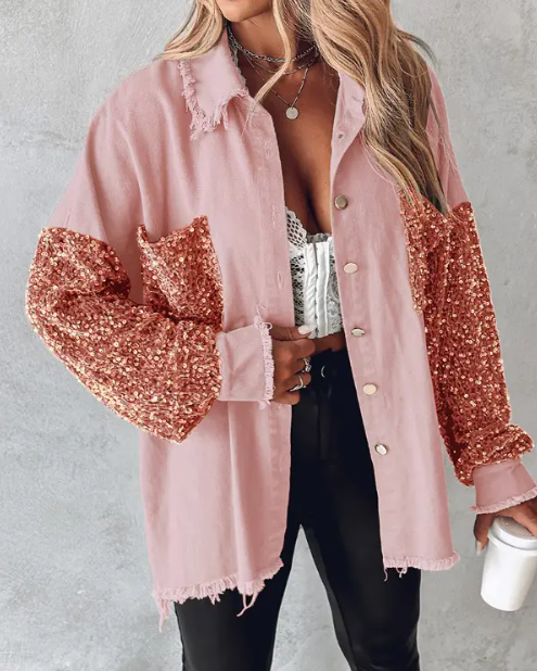 Leanne – Sequin-Sleeve Shacket with Raw Hem