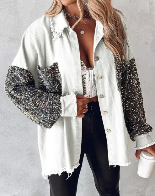 Leanne – Sequin-Sleeve Shacket with Raw Hem