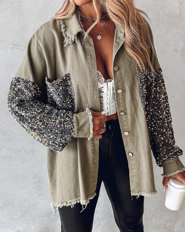 Leanne – Sequin-Sleeve Shacket with Raw Hem