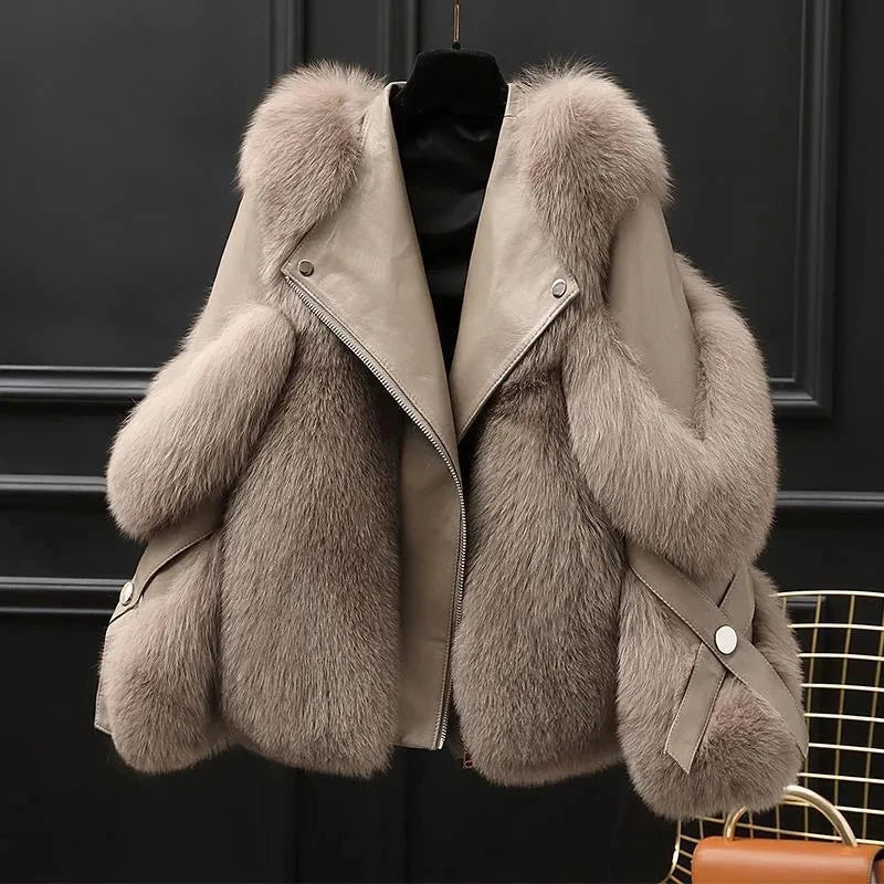 Cocoa color faux fur moto jacket, front view