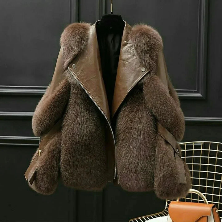 Chocolate brown faux fur moto jacket, front view