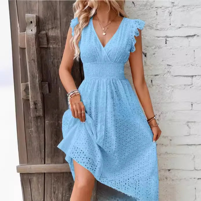 Nancy – Elegant V-Neck Casual Dress with Smocked Waist