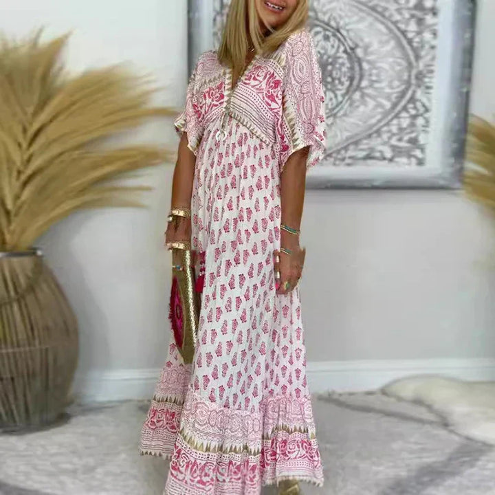 Caroline – Elegant Boho Maxi Dress with V-Neck Design