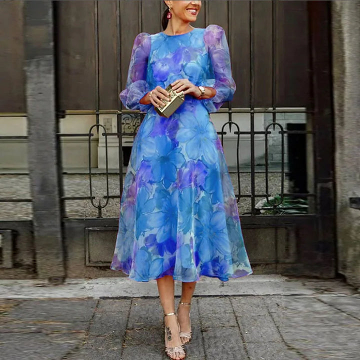 Mira – Floral Puff Sleeve Midi Dress for Women