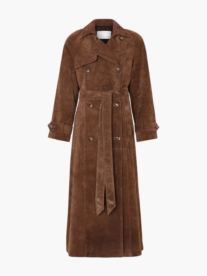 Makayla – Suede-Look Maxi Trench with Waterfall Lapel