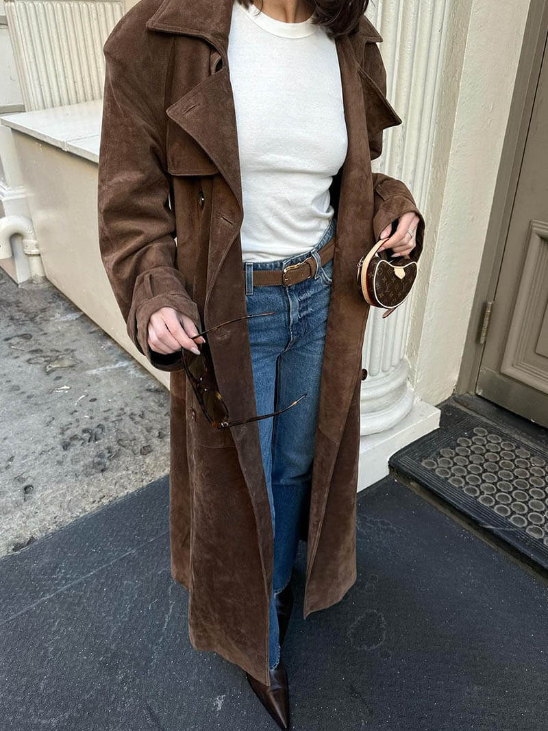 Makayla – Suede-Look Maxi Trench with Waterfall Lapel