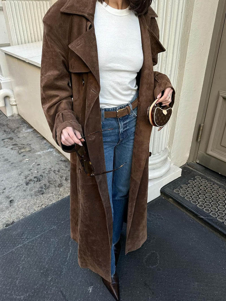 Makayla – Suede-Look Maxi Trench with Waterfall Lapel
