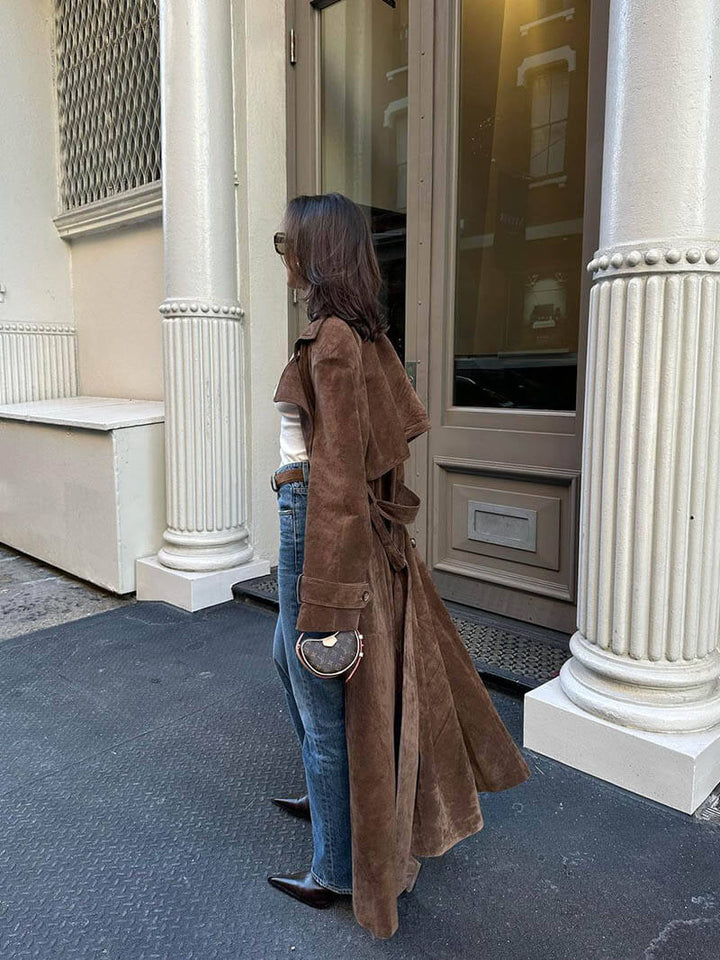 Makayla – Suede-Look Maxi Trench with Waterfall Lapel
