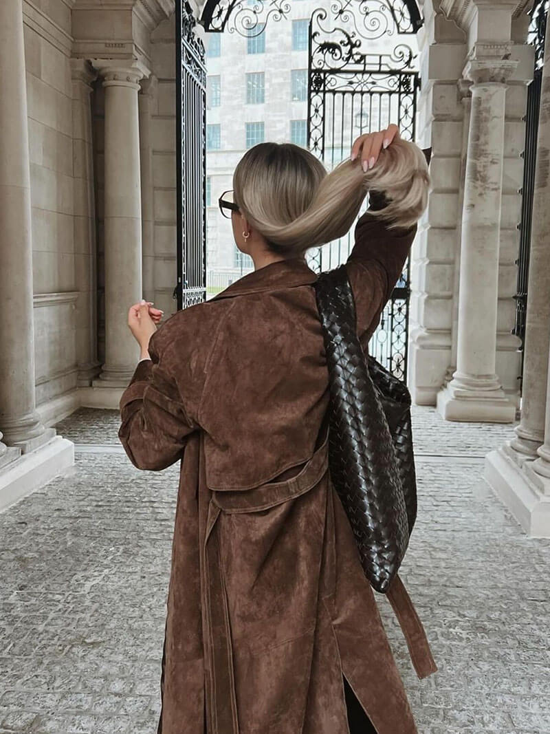 Makayla – Suede-Look Maxi Trench with Waterfall Lapel