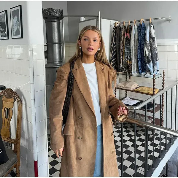 Makayla – Suede-Look Maxi Trench with Waterfall Lapel