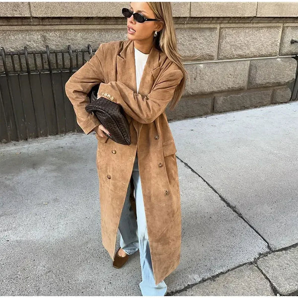 Makayla – Suede-Look Maxi Trench with Waterfall Lapel