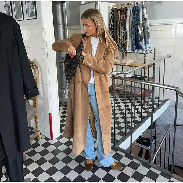 Makayla – Suede-Look Maxi Trench with Waterfall Lapel