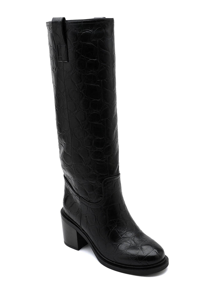 Genevra – Croc-Embossed Block Heel Knee-High Boots for Women