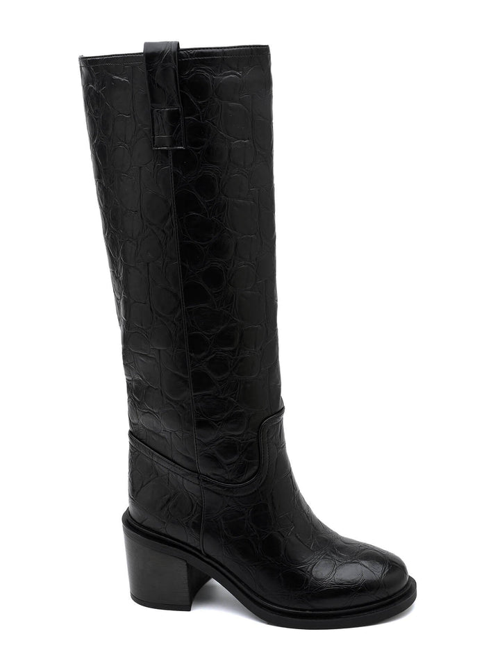 Genevra – Croc-Embossed Block Heel Knee-High Boots for Women