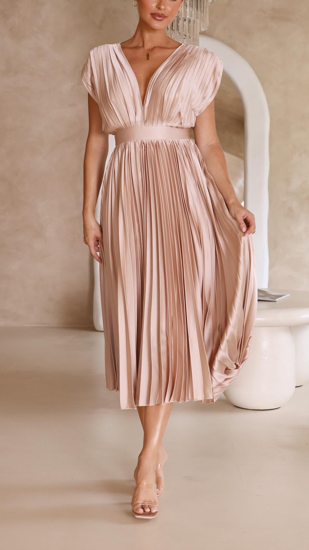 Marguerite | Elegant V-Neck Pleated Maxi Dress
