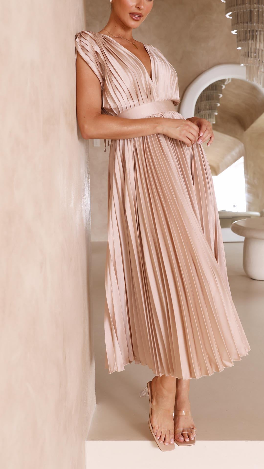 Marguerite | Elegant V-Neck Pleated Maxi Dress