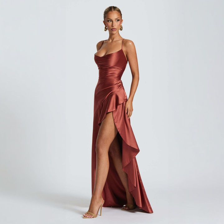 June – Cowl Neck Maxi Dress with High Slit and Ruffle Hem