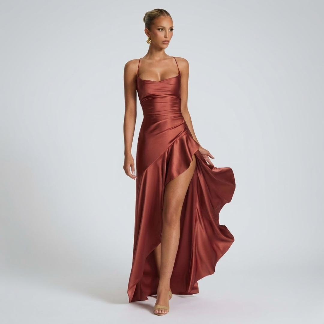 June – Cowl Neck Maxi Dress with High Slit and Ruffle Hem