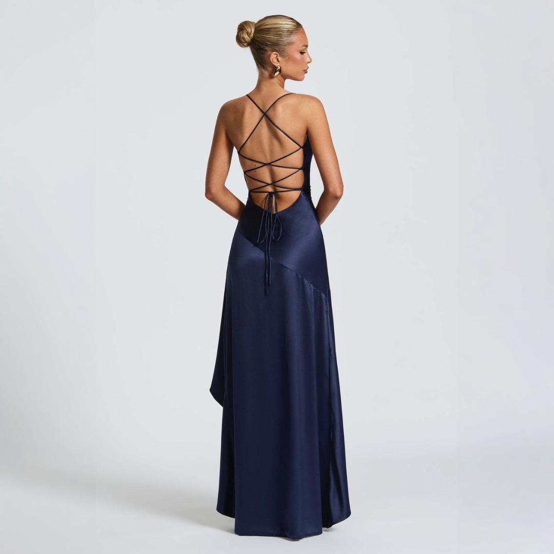 June – Cowl Neck Maxi Dress with High Slit and Ruffle Hem