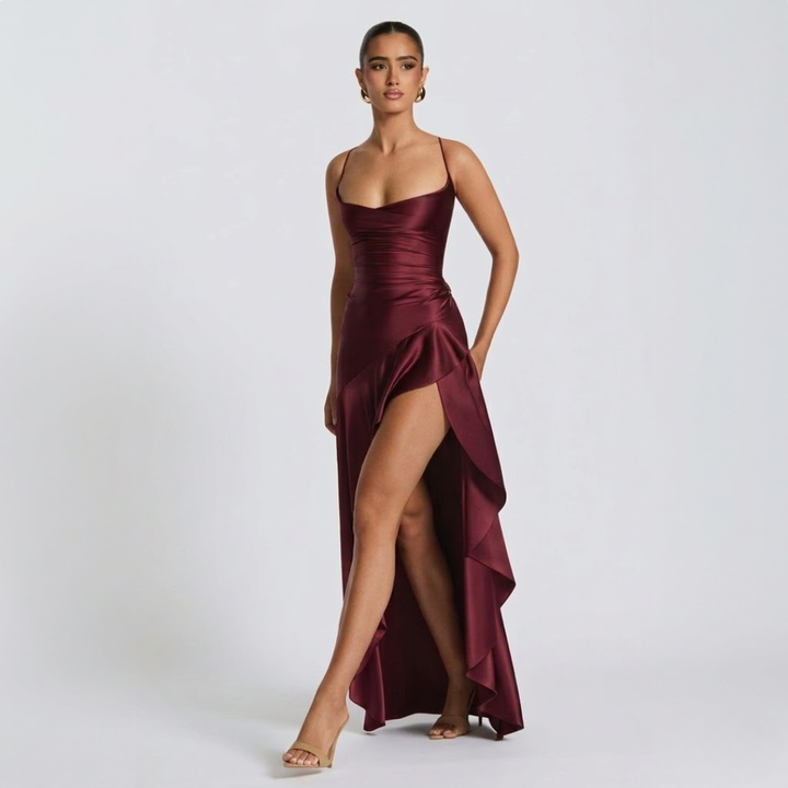 June – Cowl Neck Maxi Dress with High Slit and Ruffle Hem