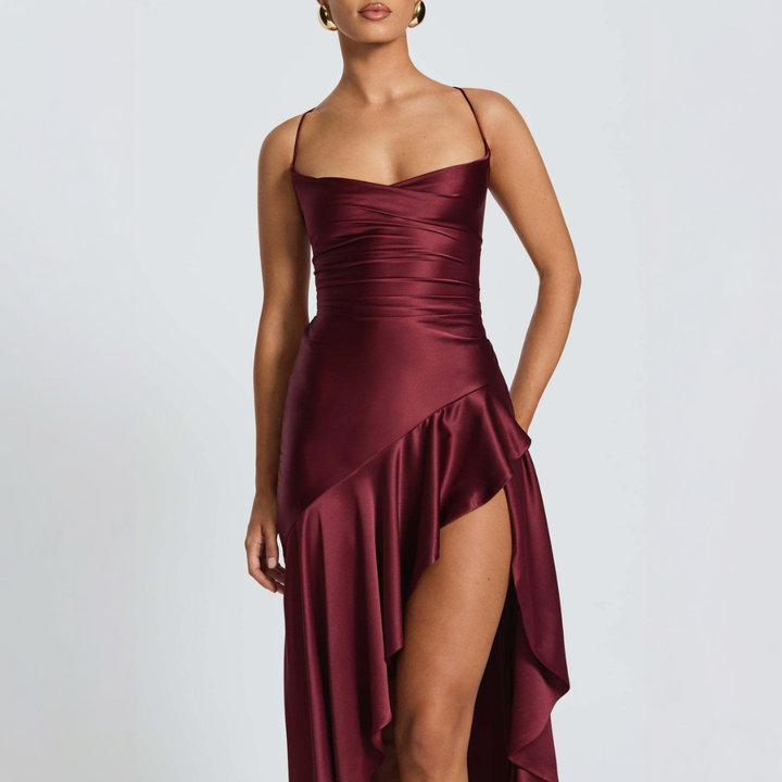 June – Cowl Neck Maxi Dress with High Slit and Ruffle Hem