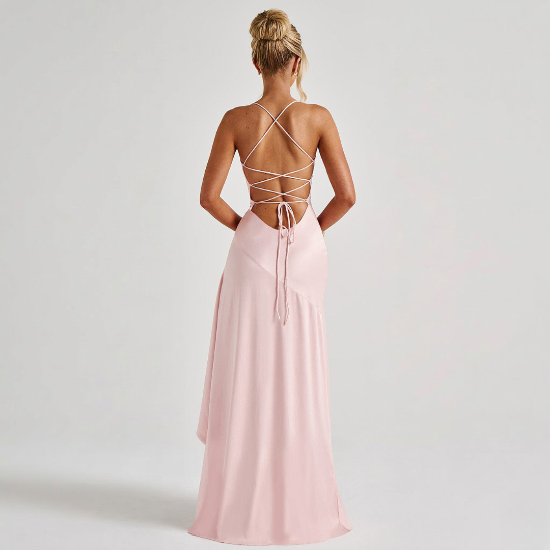 June – Cowl Neck Maxi Dress with High Slit and Ruffle Hem