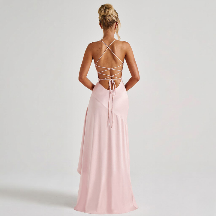 June – Cowl Neck Maxi Dress with High Slit and Ruffle Hem