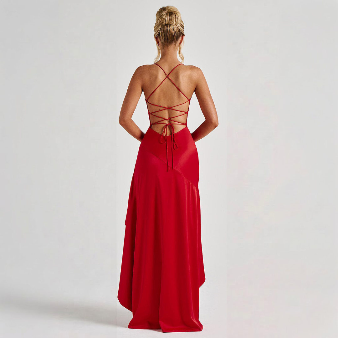 June – Cowl Neck Maxi Dress with High Slit and Ruffle Hem