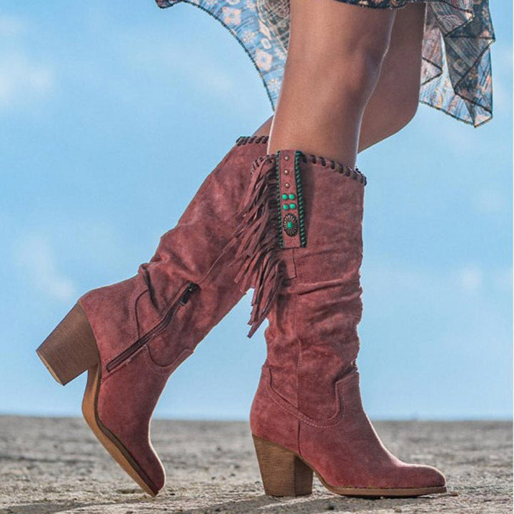 Gracie – Slouch Block Heel Fringe Knee-High Boots for Women