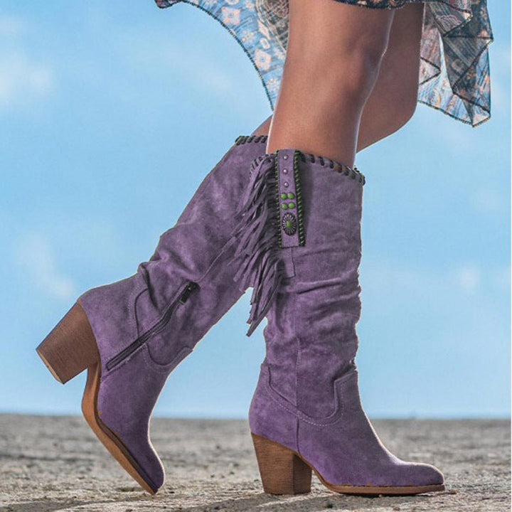 Gracie – Slouch Block Heel Fringe Knee-High Boots for Women