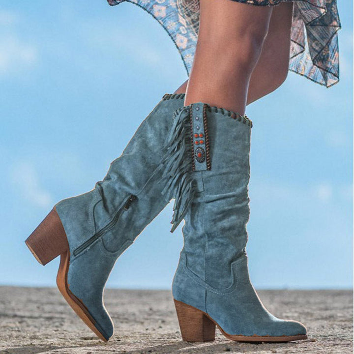 Gracie – Slouch Block Heel Fringe Knee-High Boots for Women