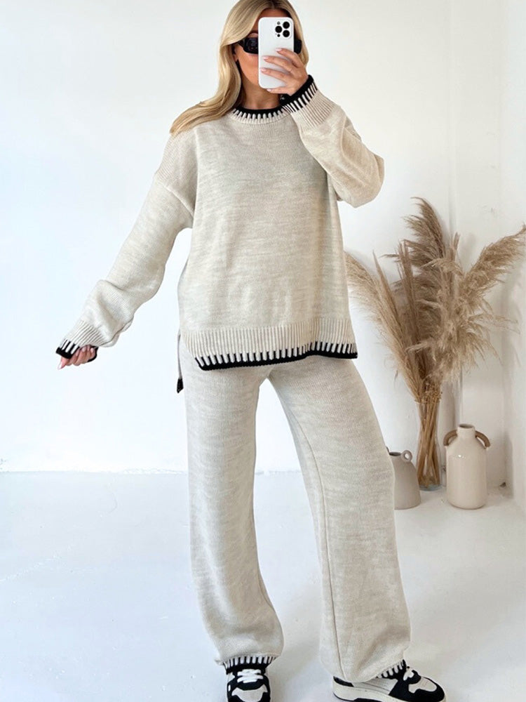 Kris – Whipstitch-Trim Sweater and Wide-Leg Trouser Set