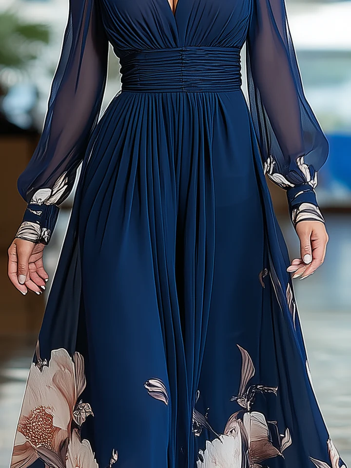 Molly – Pleated V Neck Floral Maxi Dress