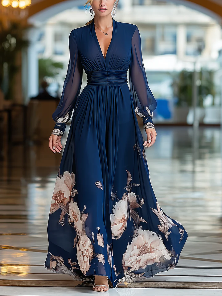 Molly – Pleated V Neck Floral Maxi Dress