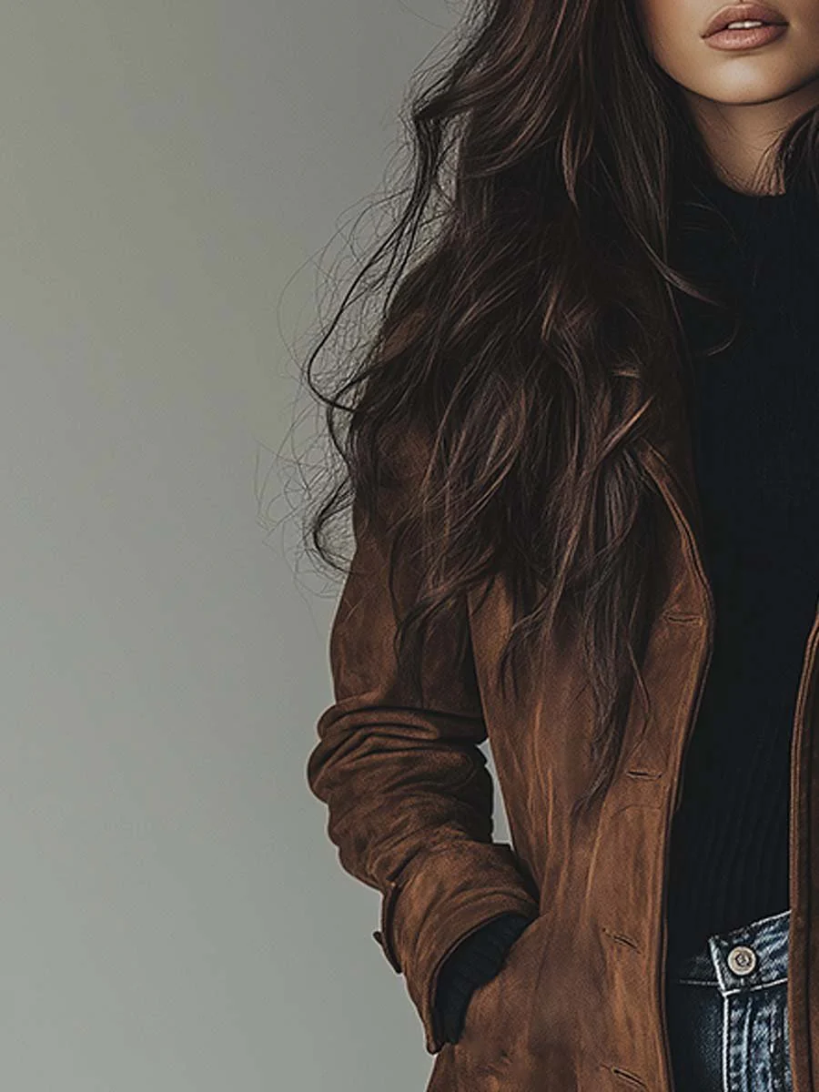 Lilly – Suede-Look Mid-Length Coat with Notch Lapel