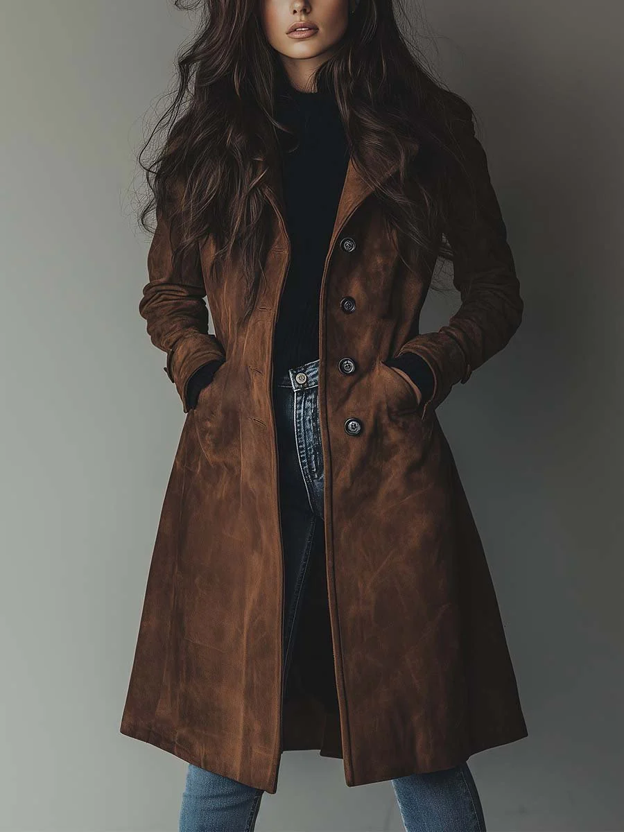 Lilly – Suede-Look Mid-Length Coat with Notch Lapel