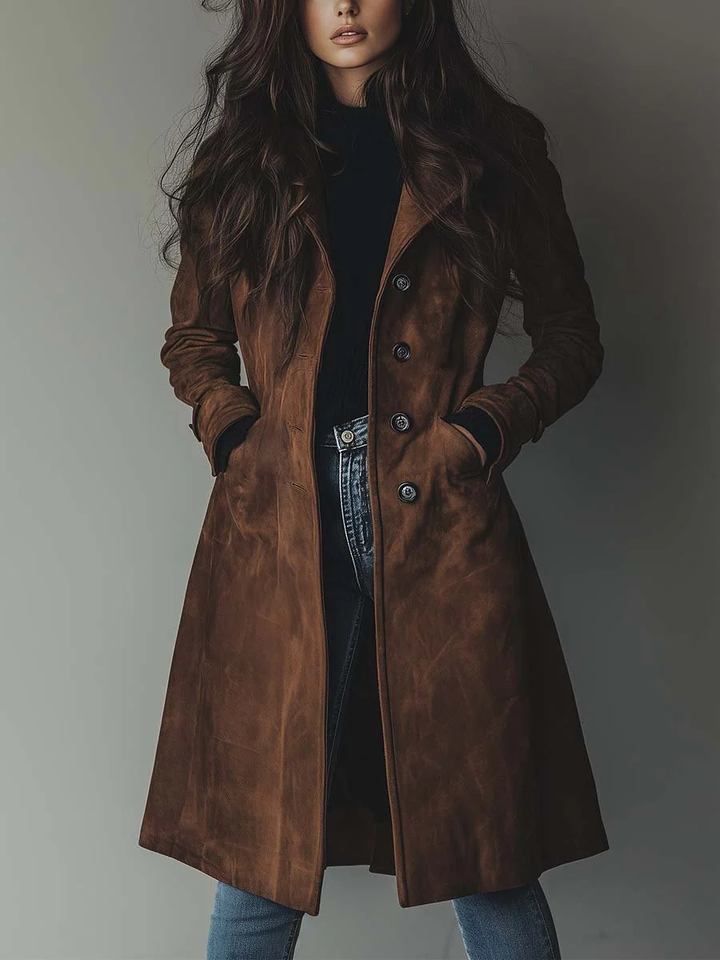 Lilly – Suede-Look Mid-Length Coat with Notch Lapel