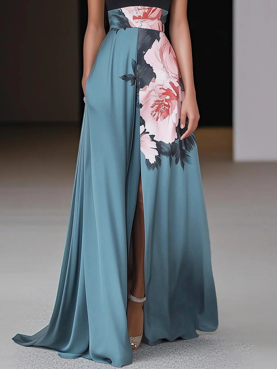 Catherine | Sleeveless Floral A-Line Maxi Dress with Slit