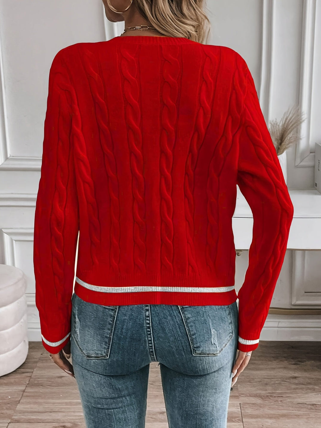Annabeth – Cable-Stitch Button-Front Cardigan with Contrast Trim for Women