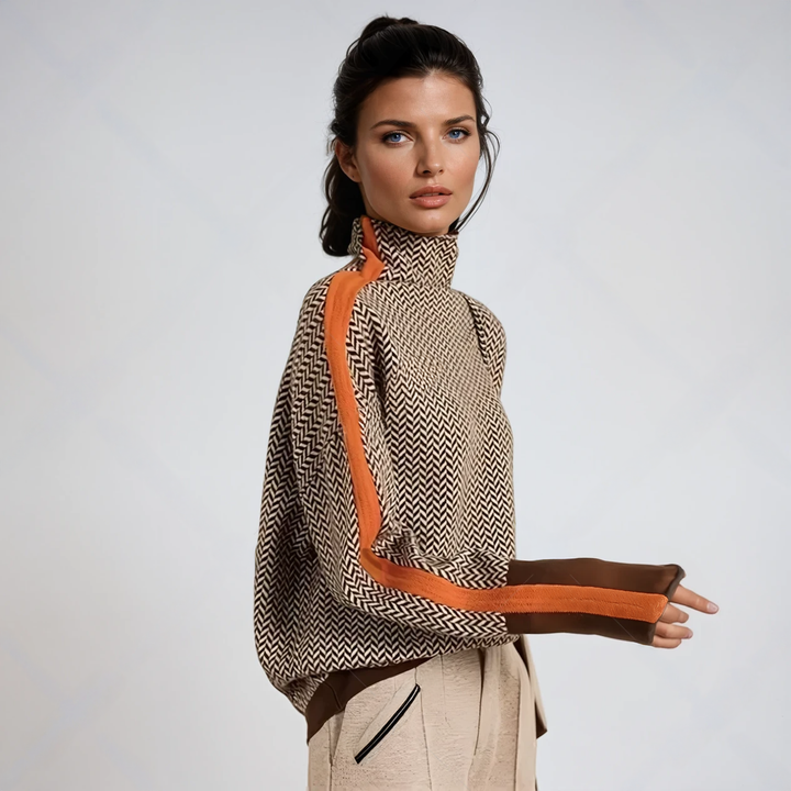 Jeanette – Herringbone Turtleneck Top with Contrast Stripe
