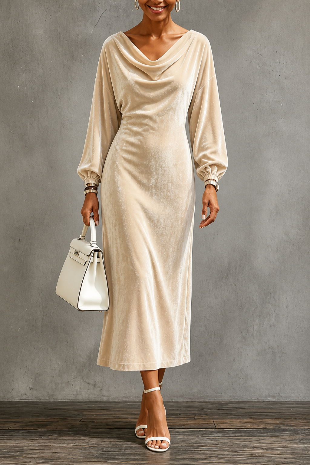 Agatha – Women's Velvet-Look Cowl Neck Long Sleeve Midi Dress