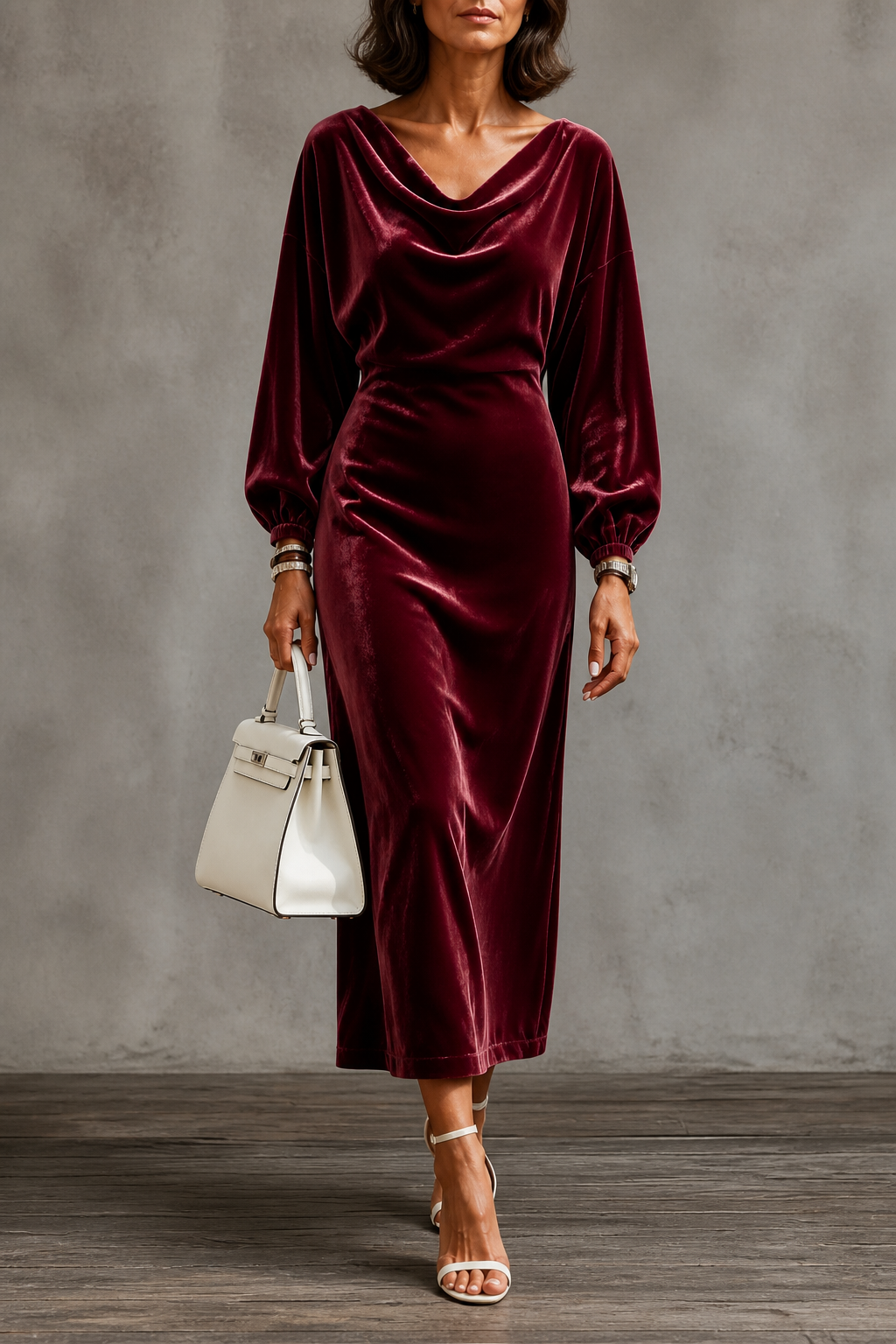 Agatha – Women's Velvet-Look Cowl Neck Long Sleeve Midi Dress