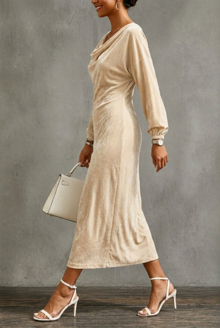 Agatha – Women's Velvet-Look Cowl Neck Long Sleeve Midi Dress