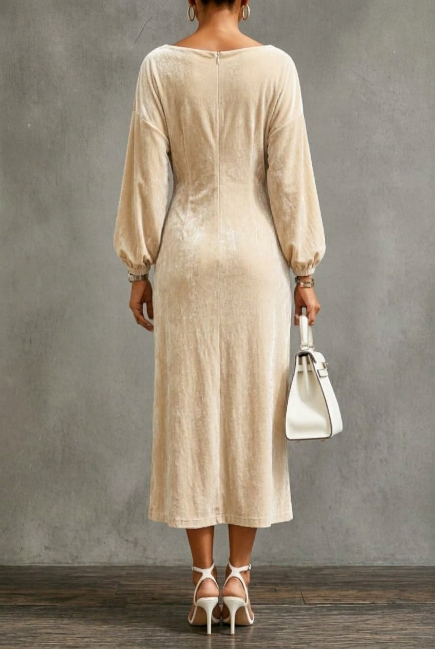 Agatha – Women's Velvet-Look Cowl Neck Long Sleeve Midi Dress