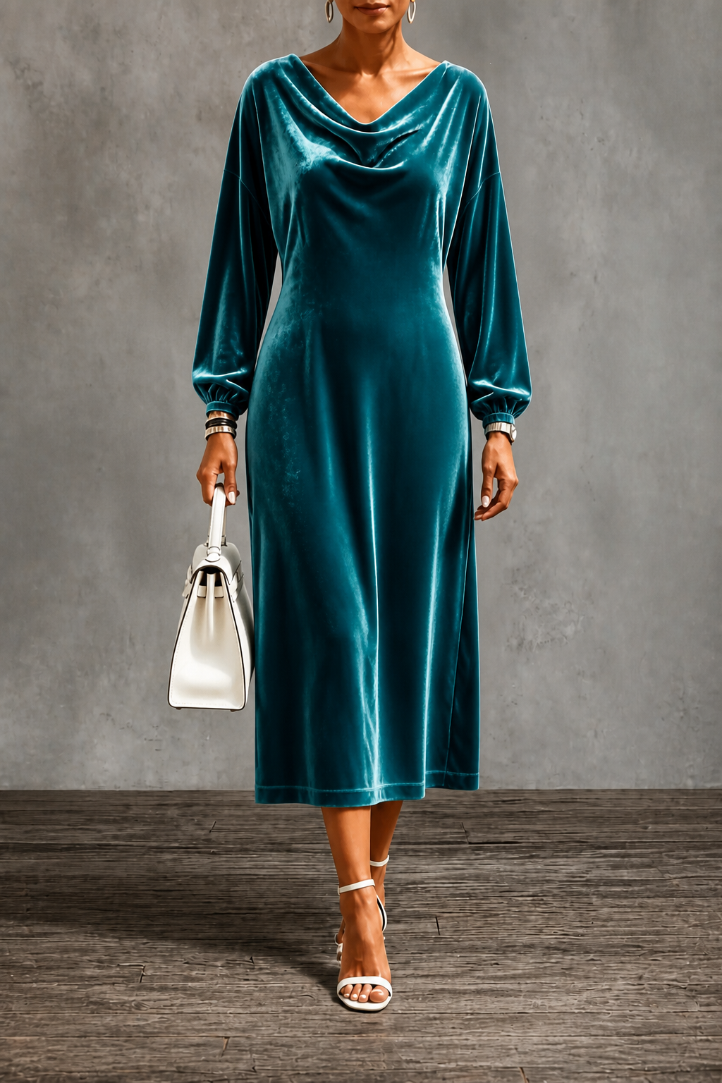 Agatha – Women's Velvet-Look Cowl Neck Long Sleeve Midi Dress