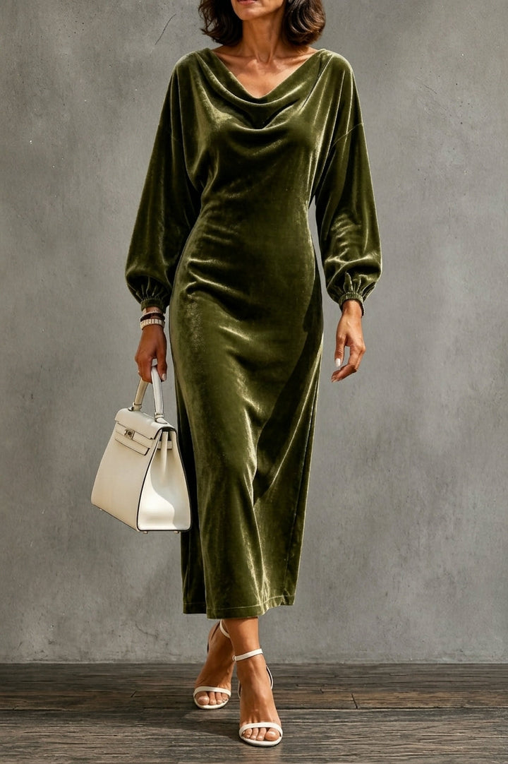 Agatha – Women's Velvet-Look Cowl Neck Long Sleeve Midi Dress