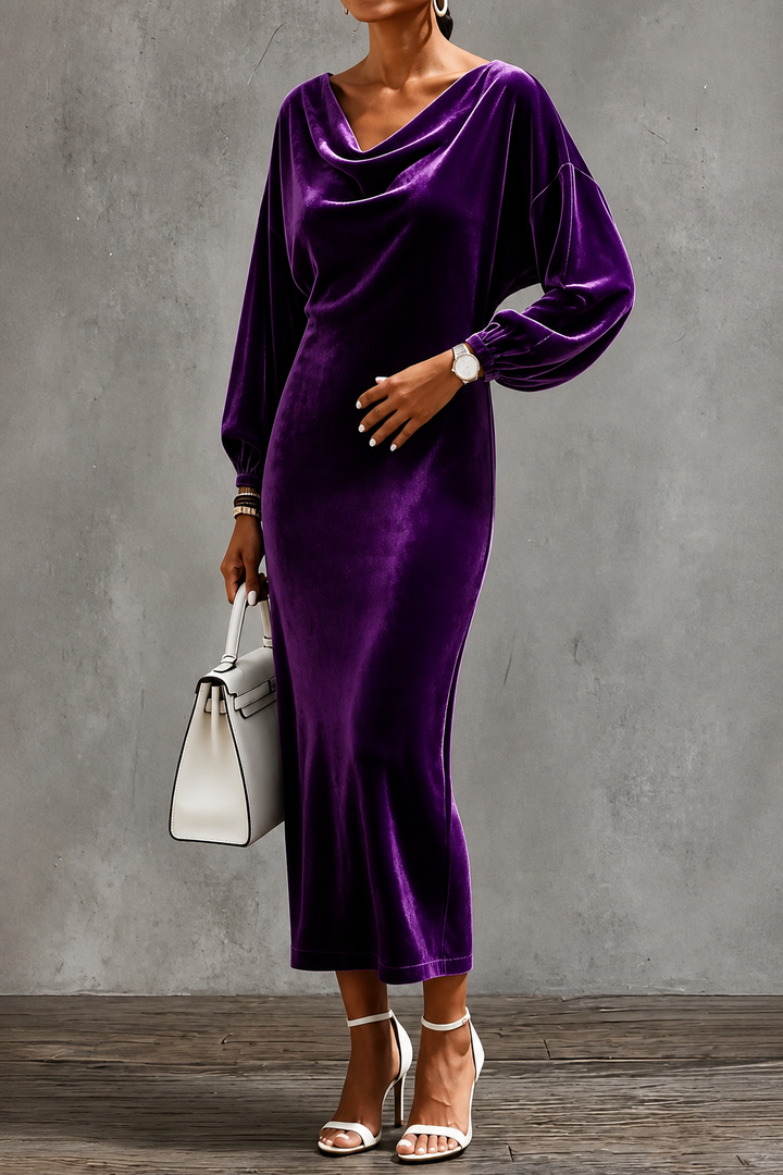 Agatha – Women's Velvet-Look Cowl Neck Long Sleeve Midi Dress